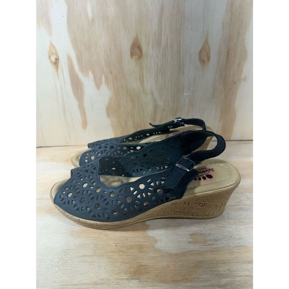 Spring Step Black Laser-Cut Slingback Wedge Sandals Women’s Size 6